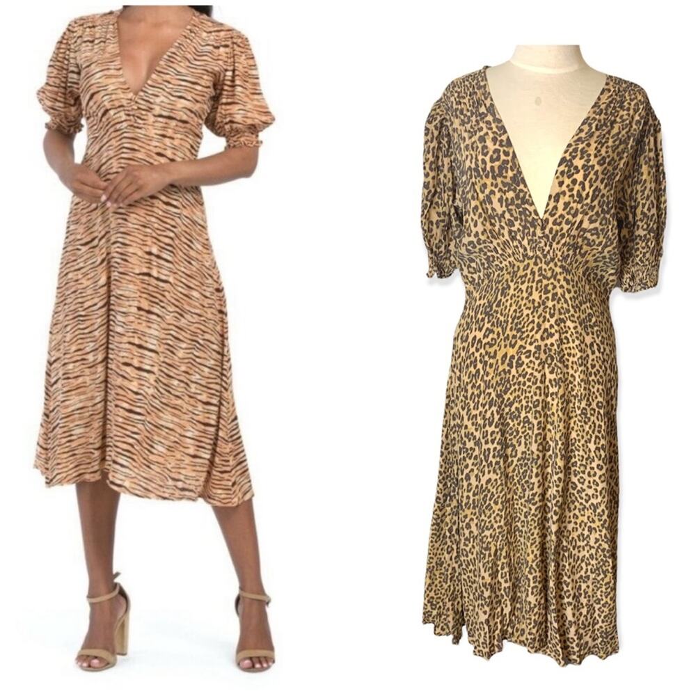 Faithfull The Brand Marie Louise Midi Dress leopard animal print sz 10